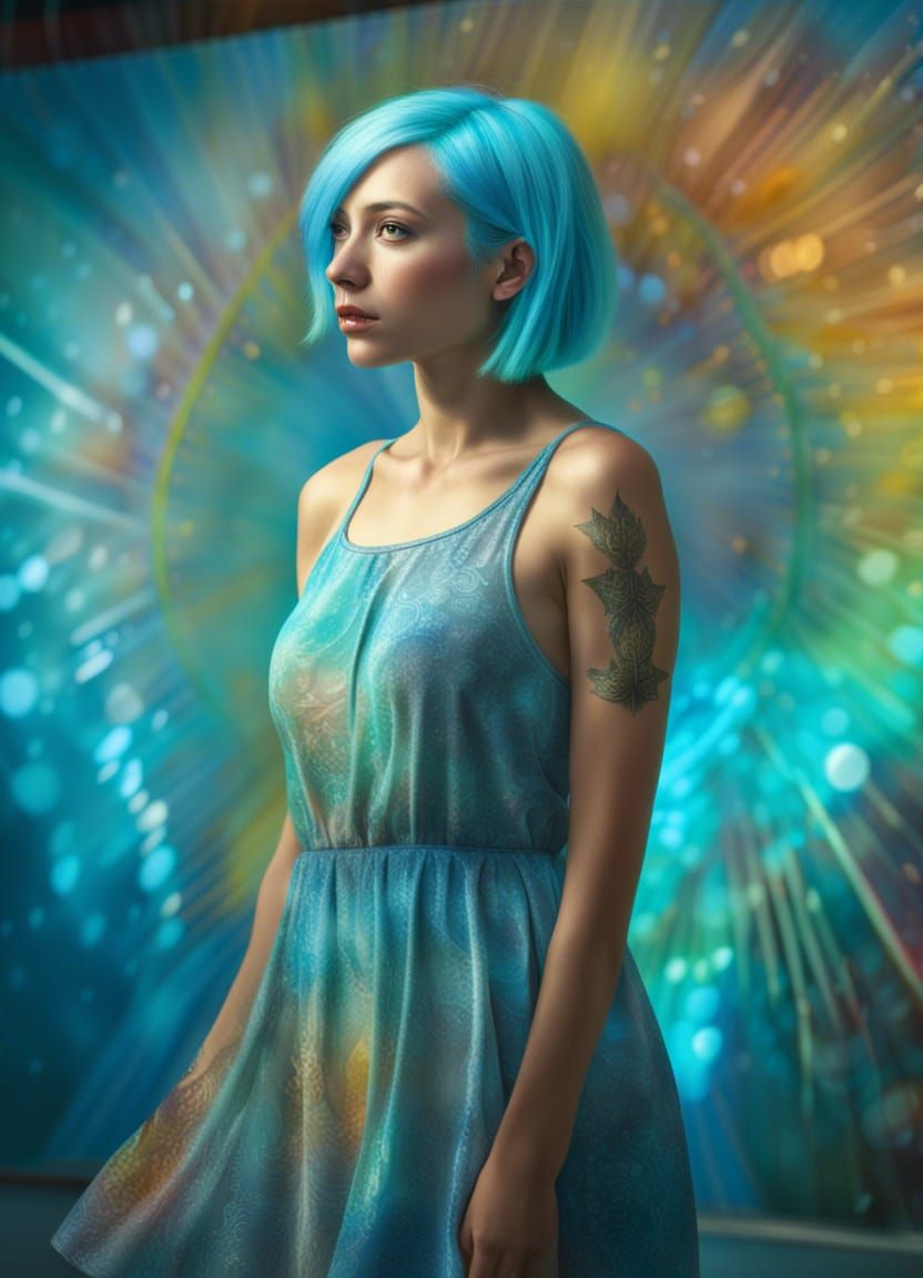 Hyper-Realistic Painter Girl with Cyan Hair in Neon Lighting