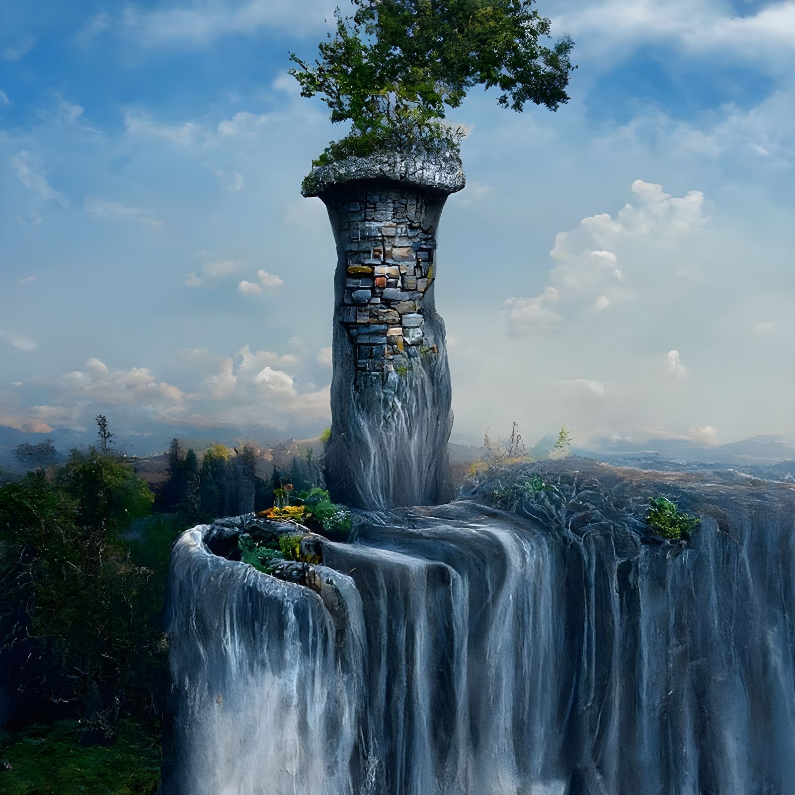Overgrown Stone Pylon on Waterfall, Surreal 3D Render