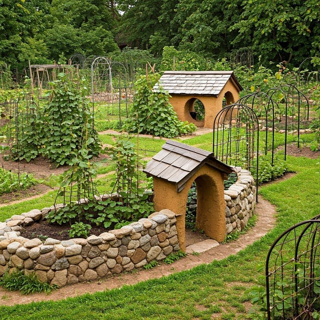 Lush Cob Garden Oasis with Cob Walls and Granite Accents