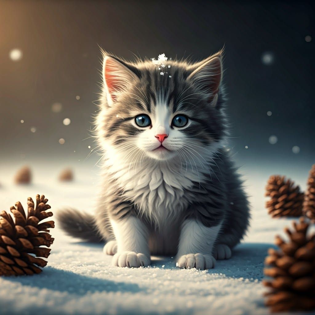 Fluffy Kitten in Winter Wonderland: Digital Art