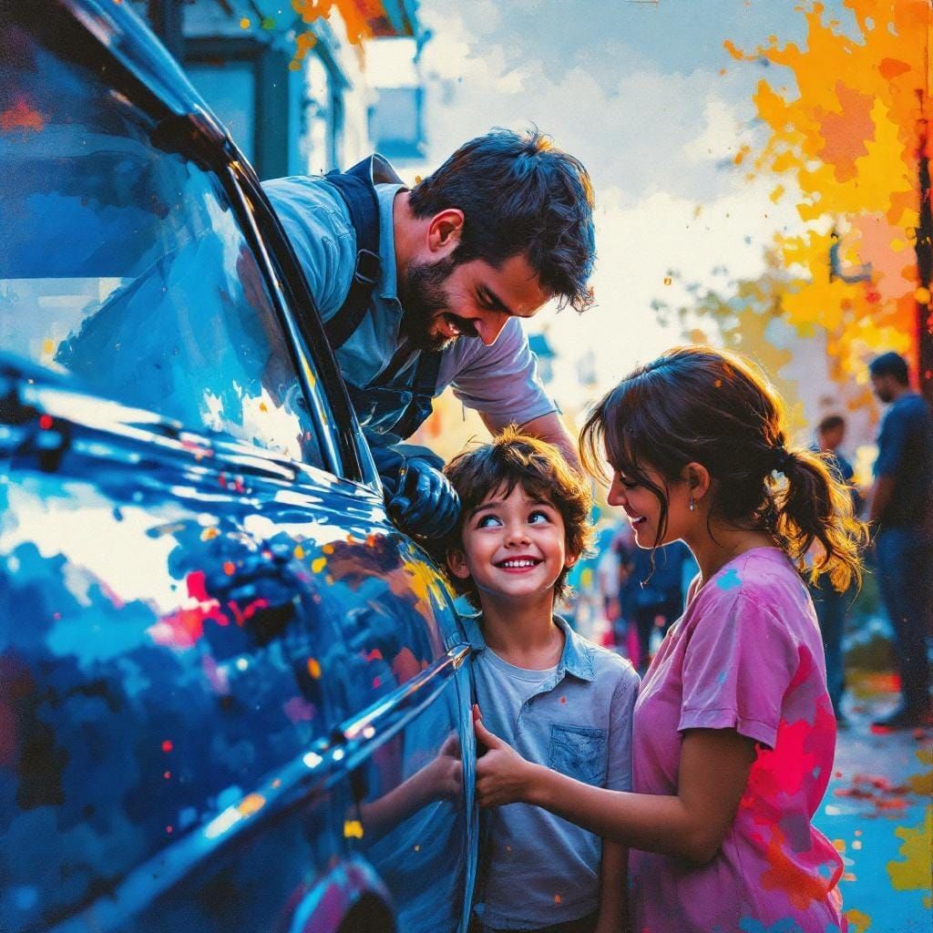 Family Scene: Car Repair in Gouache Watercolor Style