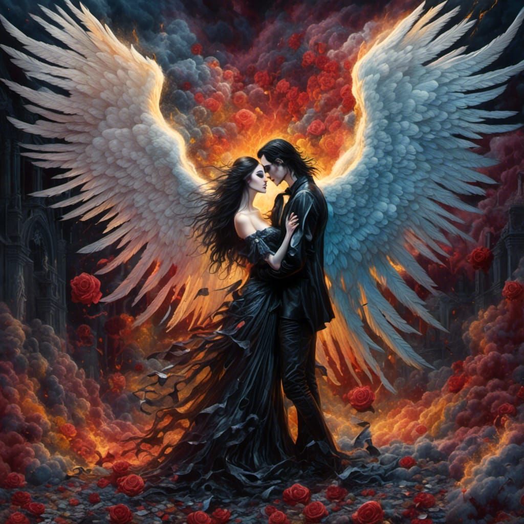 Forbidden Love: Angel and Demon Embrace in Gothic Graffiti A...