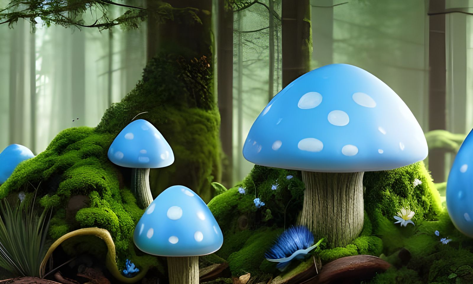 Detailed Photo of Large Blue Toadstools in Fantasy Art