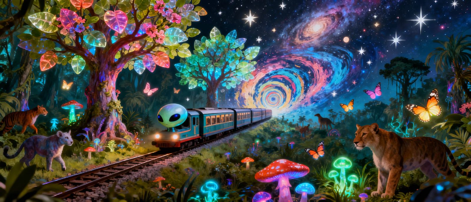 Whimsical Alien Train in Surreal Jungle