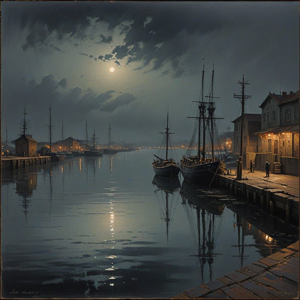 Moody Figure at Port in Oil Painting Style