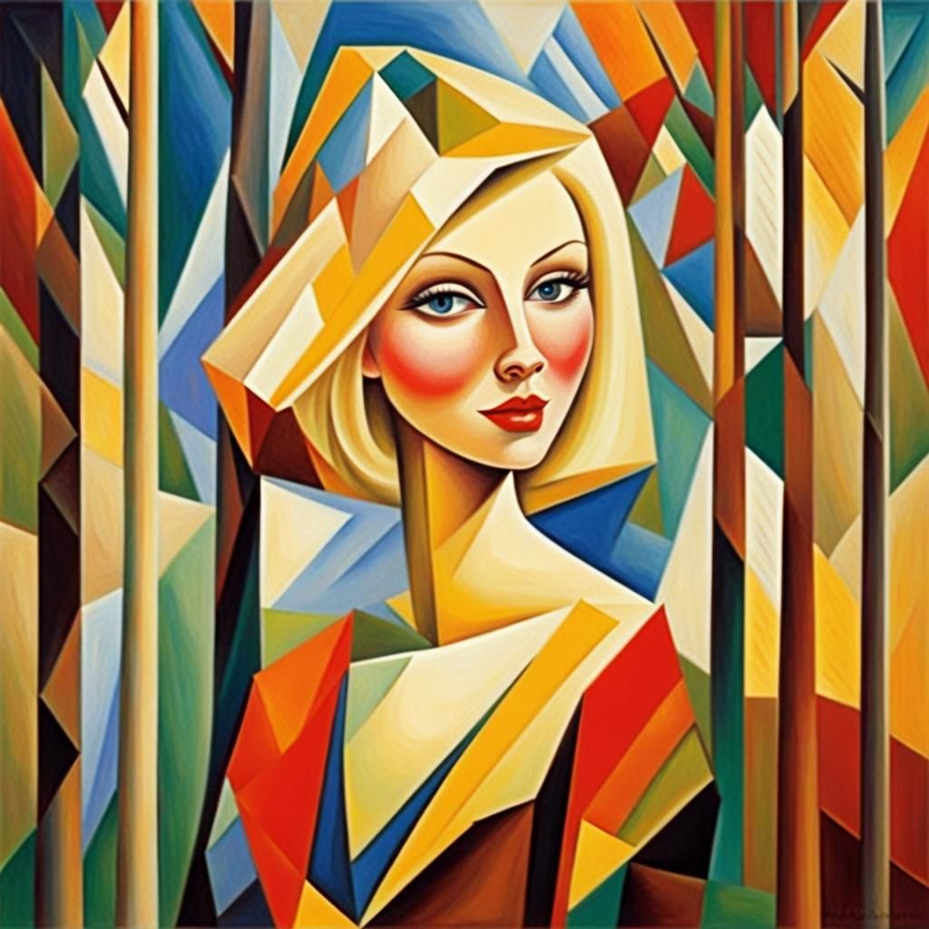 Smiling Blonde Woman in Cubist Forest