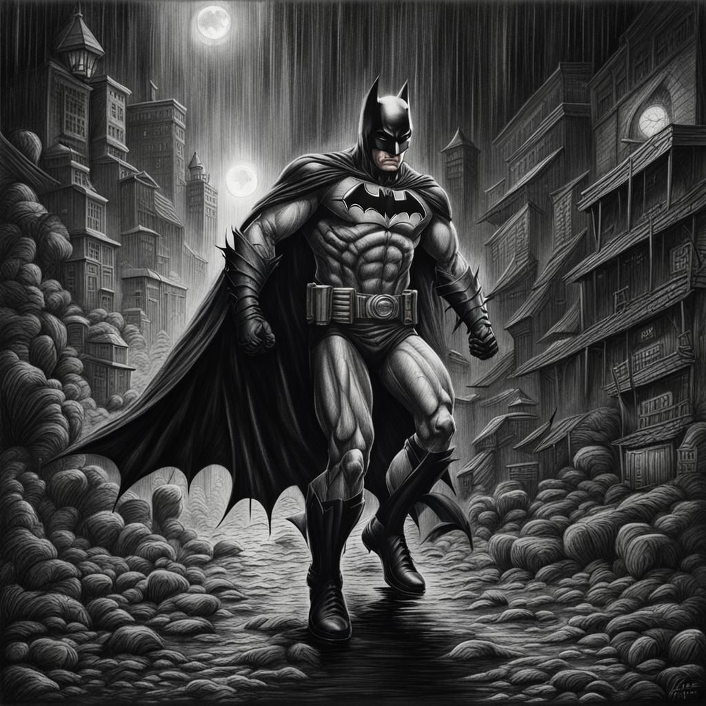 Batman Leaving Batcave: Hyperdetailed Charcoal Drawing