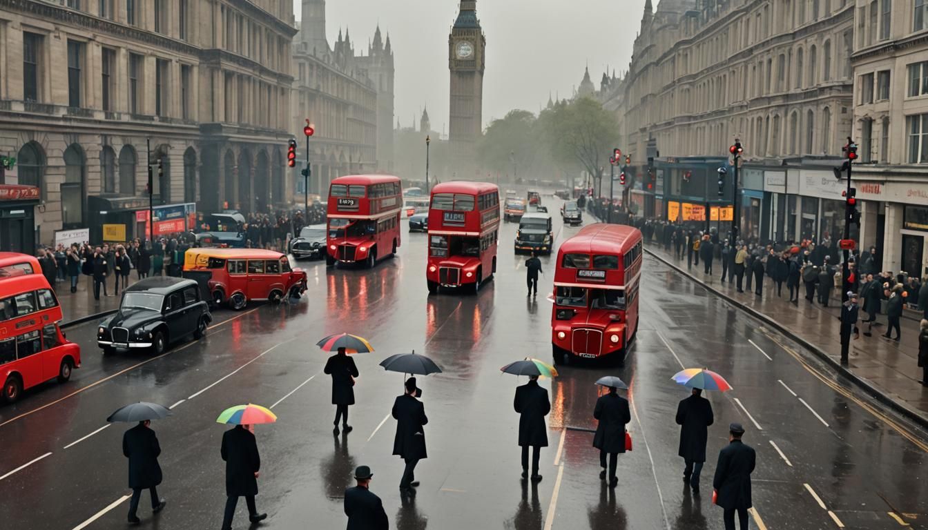 1960s London Street Scene with Red Buses