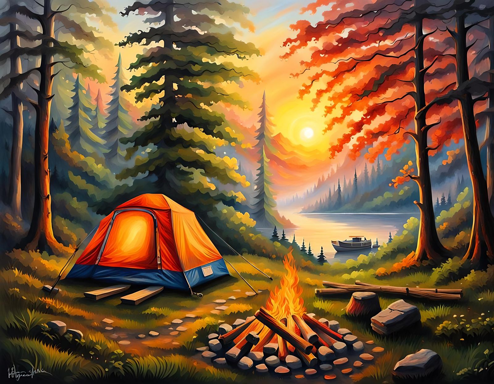 Kashmir Forest Campsite at Sunset: Oil Painting