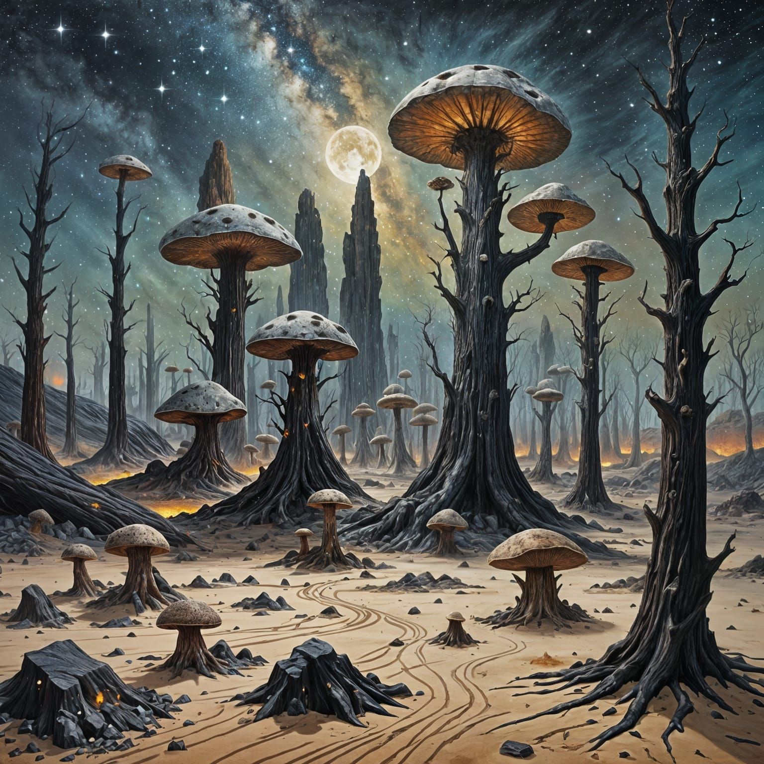 Surreal Sci-Fi Landscape with Petrified Mushrooms