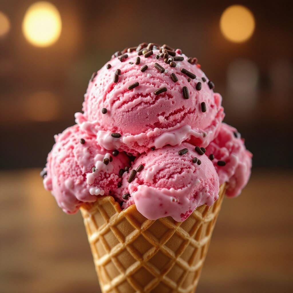 Glistening Strawberry Ice Cream Cone Macro Shot