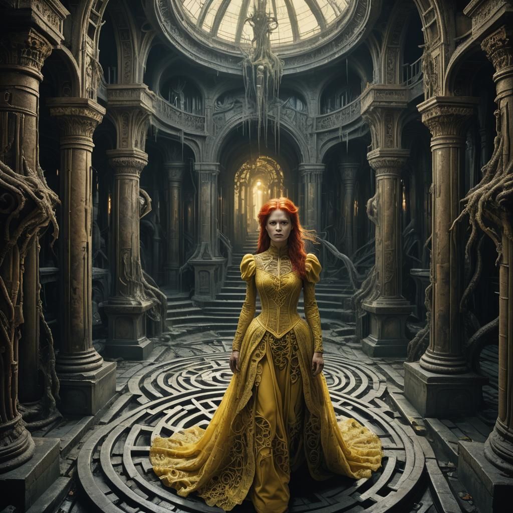 Ethereal Woman in Giger-Inspired Victorian Labyrinth