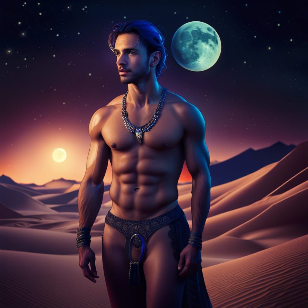 Handsome Man Under Arabian Moon, Detailed Matte Painting