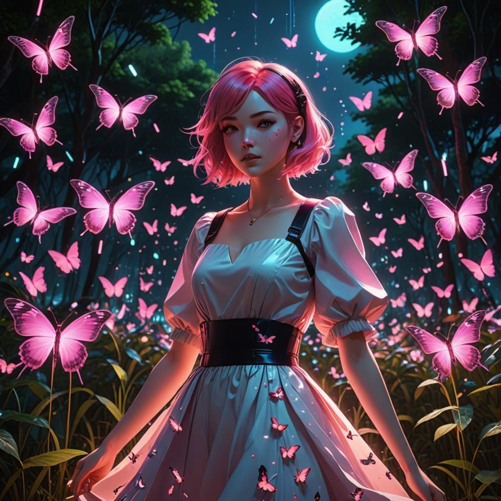 Anime Girl Dancing in Butterfly Field, Synthwave Art