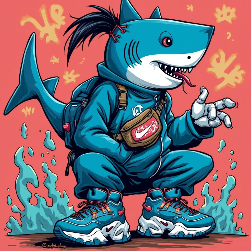 Eshay Shark with Blue Nikes in Graffiti Style