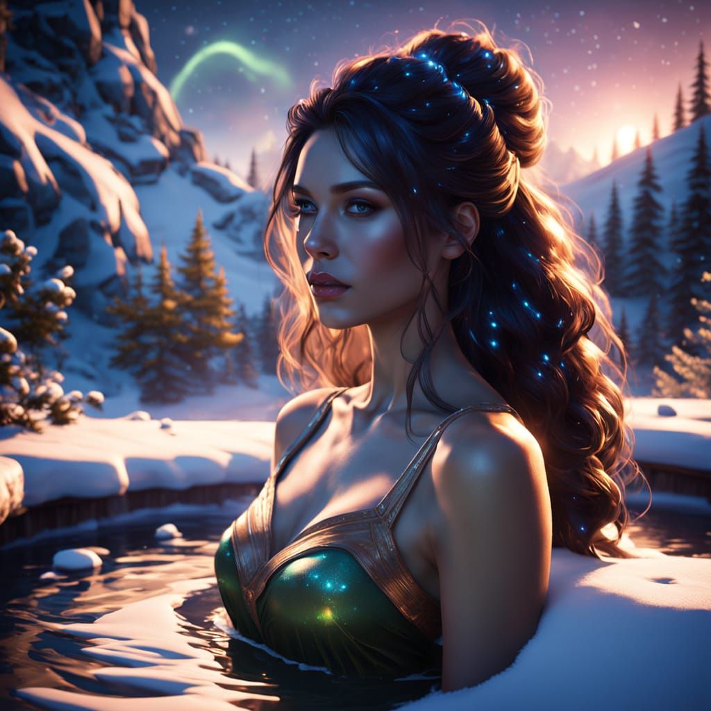 Ethereal Woman Bathes in Arctic Hot Tub Under Northern Light...