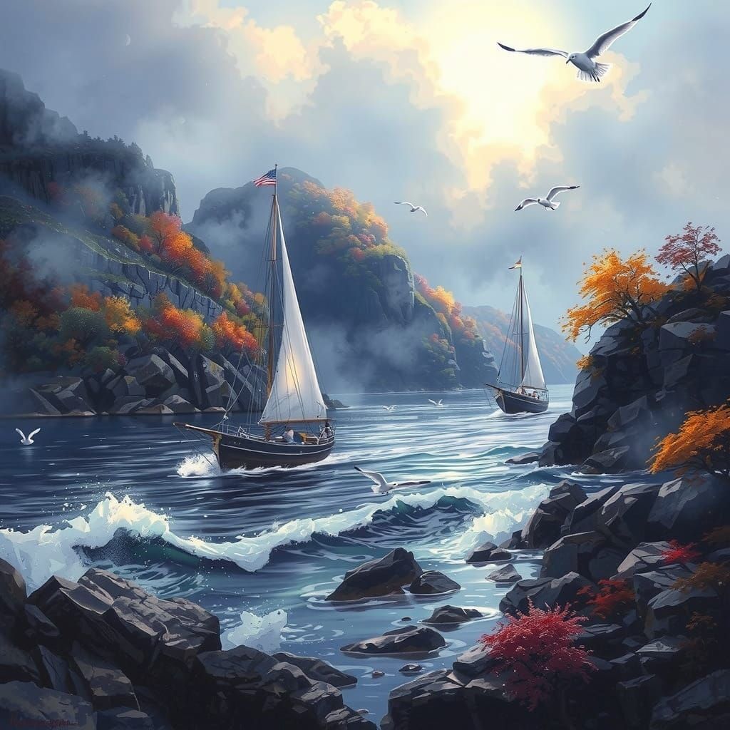 Sailboats Amidst Vibrant Fall Colors on a Rocky Coastline