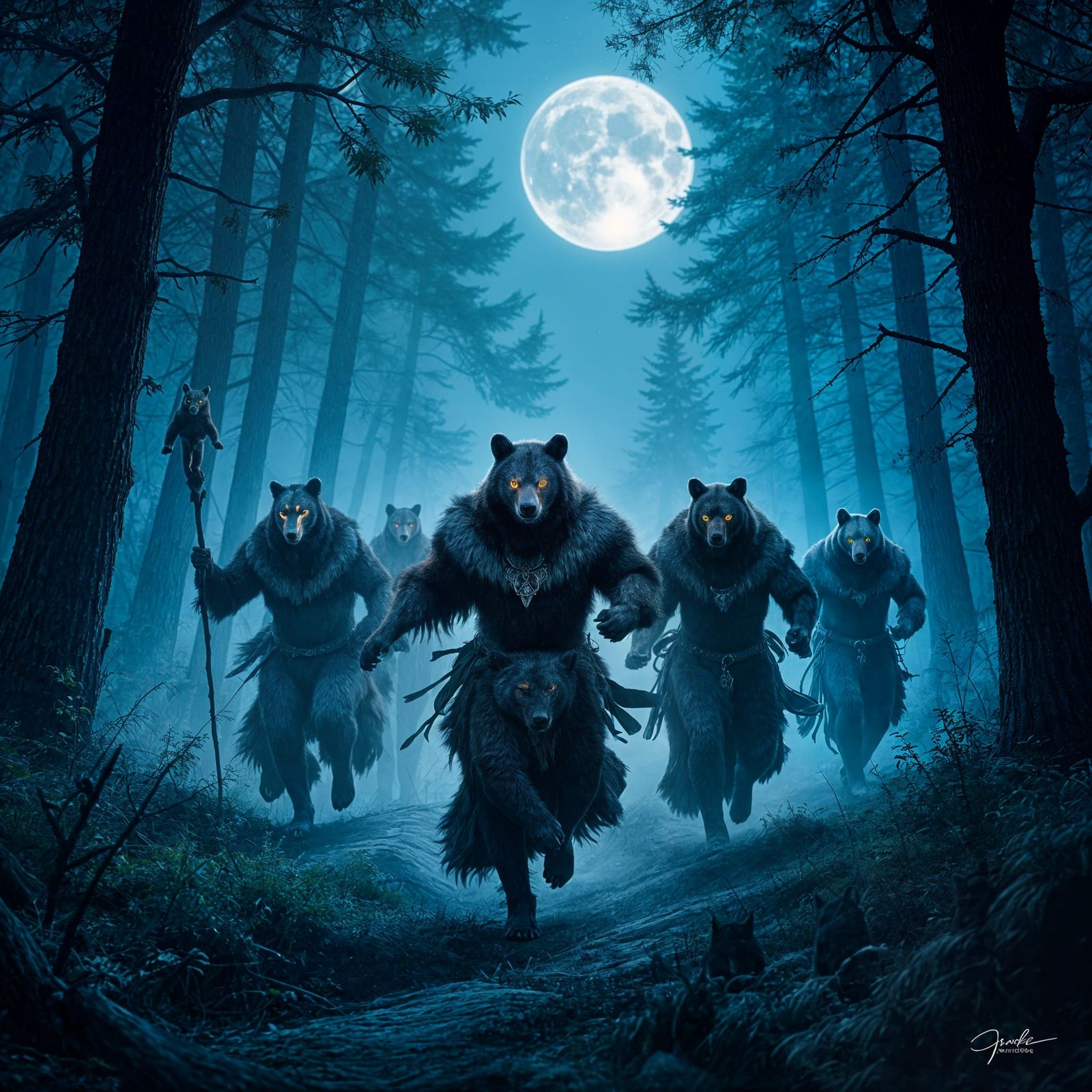 Wild Hunt Shamans in Animal Masks Through Moonlit Forest