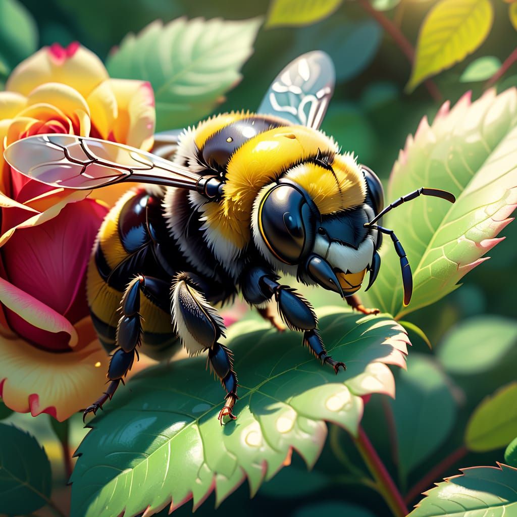 Bumblebee Resting Under Rose Petal: Hyperrealistic Cartoon A...