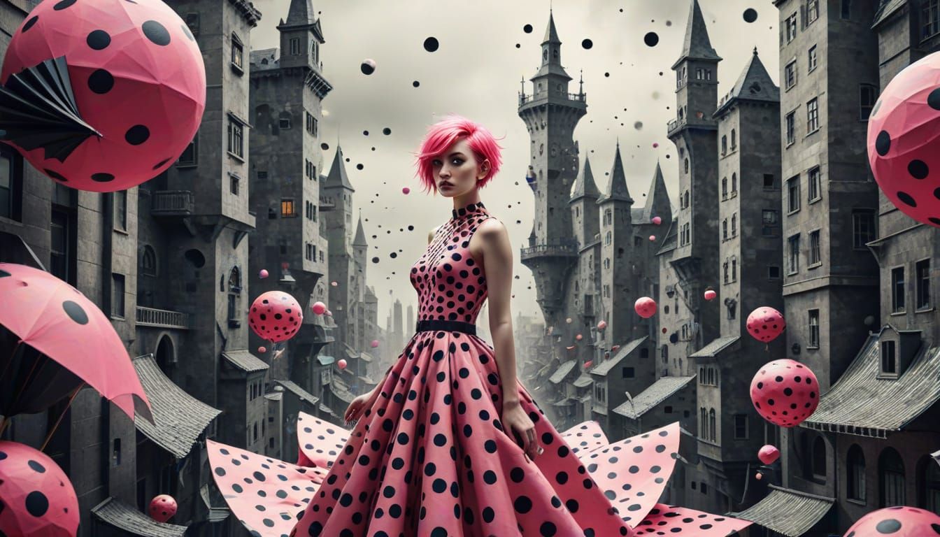 Frustrated Woman in Surreal Polka Dot City