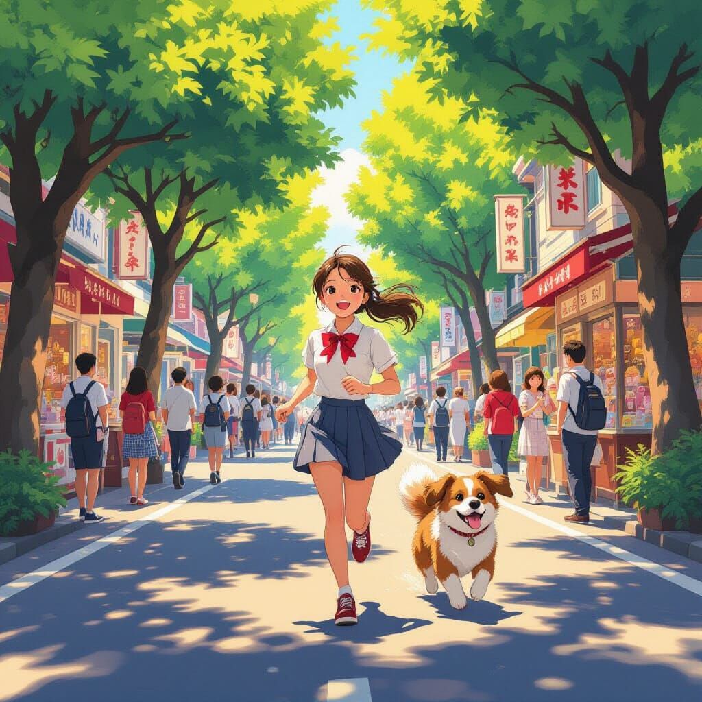 High School Girl Chased by Dog on Japanese Street