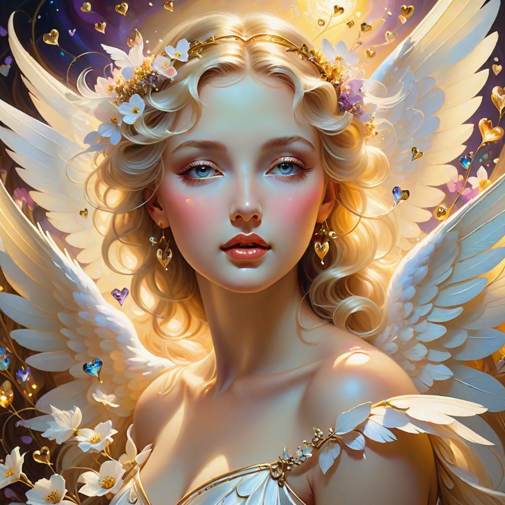 Surreal Angel Radiates Love Amidst Whirling Hearts and Flowe...