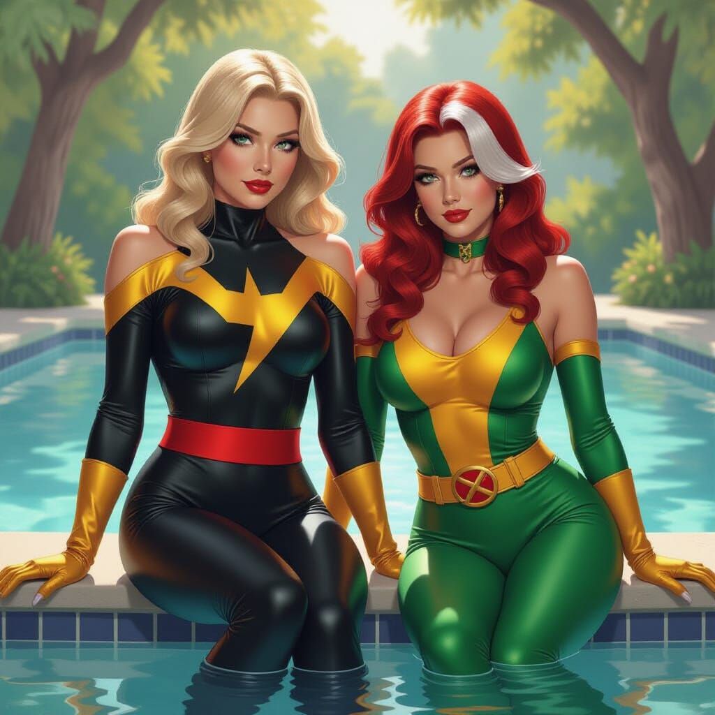 Ms. Marvel and Rogue Poolside in Oil Painting Style