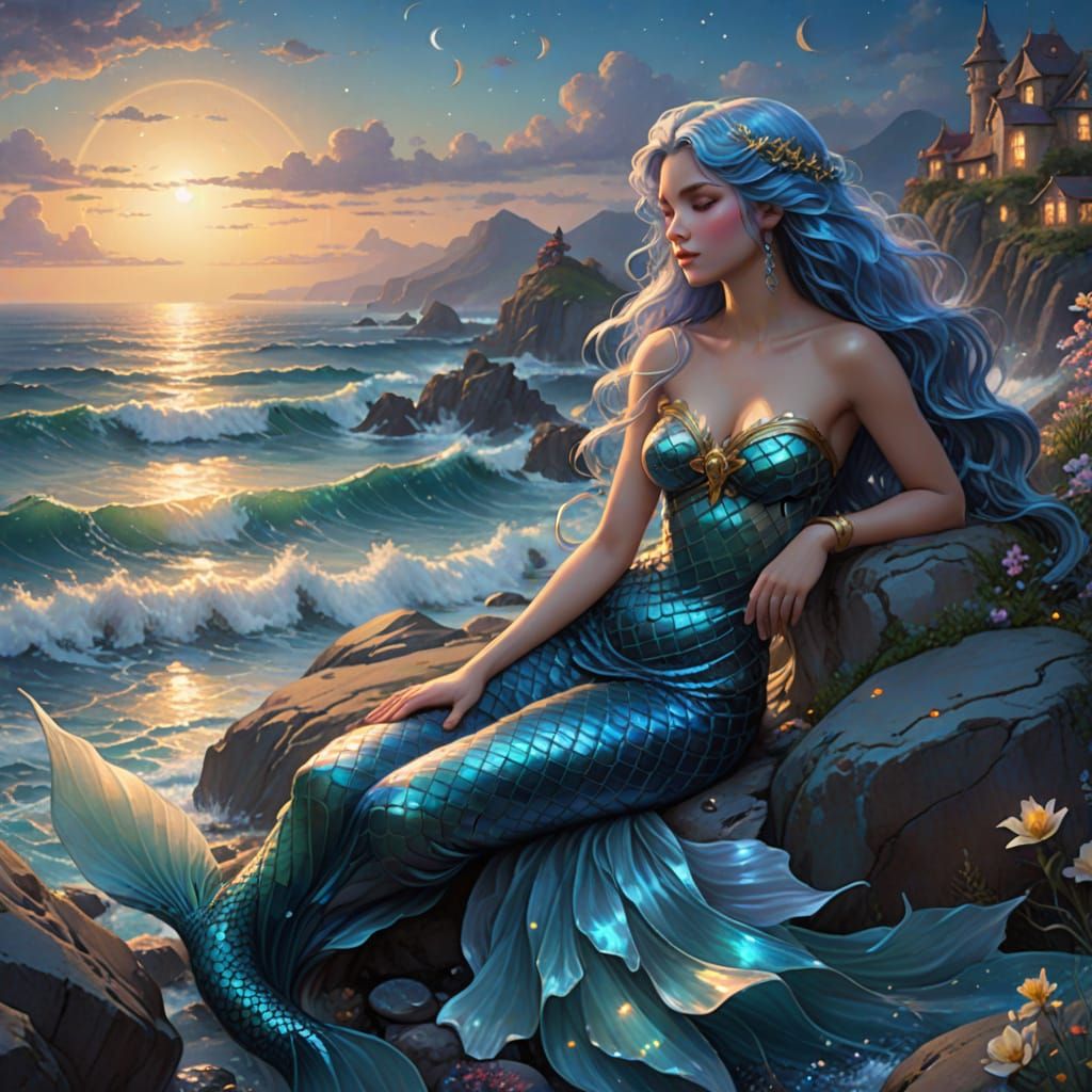Iridescent Mermaid Gazing at Moonlit Ocean