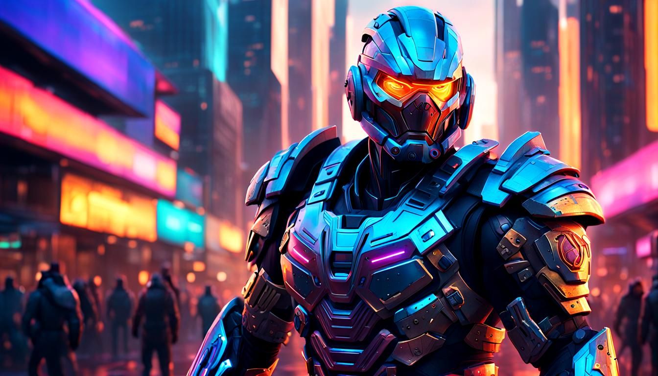 Surreal Soyjack Warrior in Futuristic Metropolis