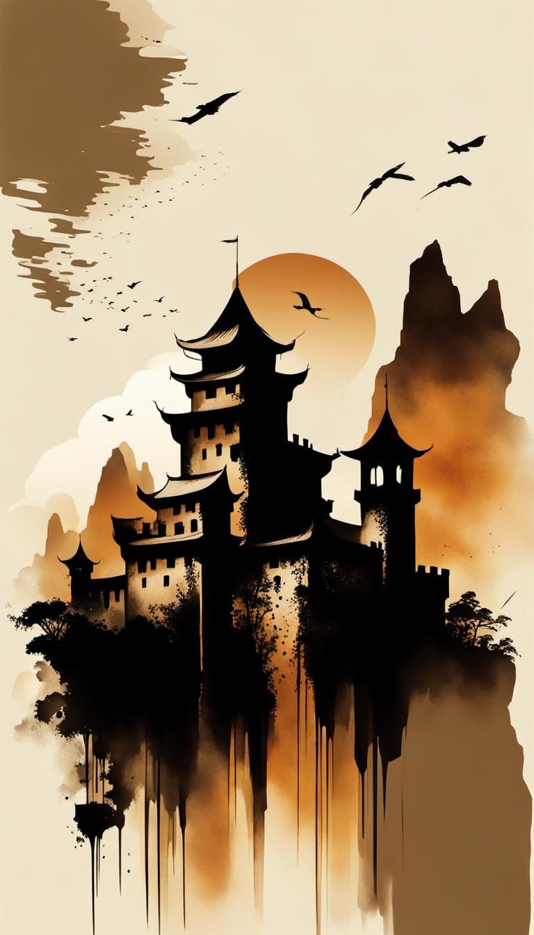 Minimalist Chinese Ink Painting of Ruined Castles