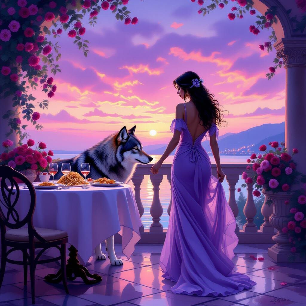 Enchanting Twilight Scene: Woman and Wolfmate's Romantic Din...
