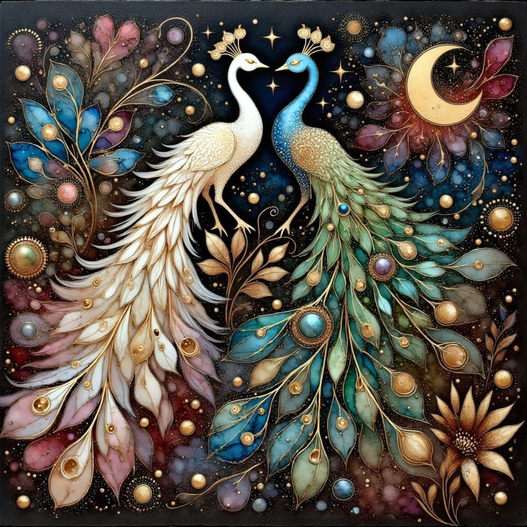 Luxurious Celestial Peacocks in Obsidian Night