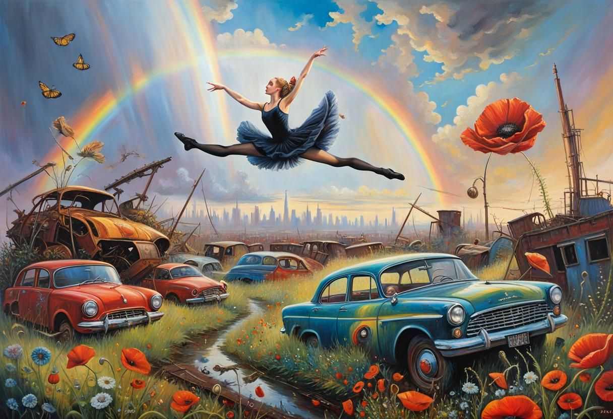 Ballerina's Surreal Dance in City Scrapyard