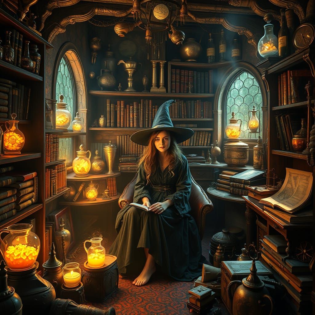 Mystical Wizard's Study in Art Nouveau Style
