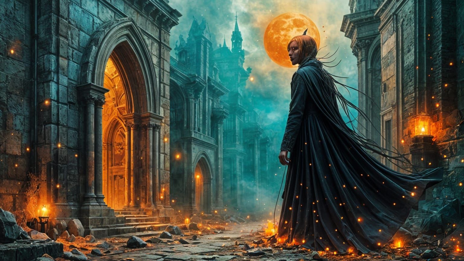 Gothic Cathedral Ruins with Scarecrow Phantom Under Blood Mo...