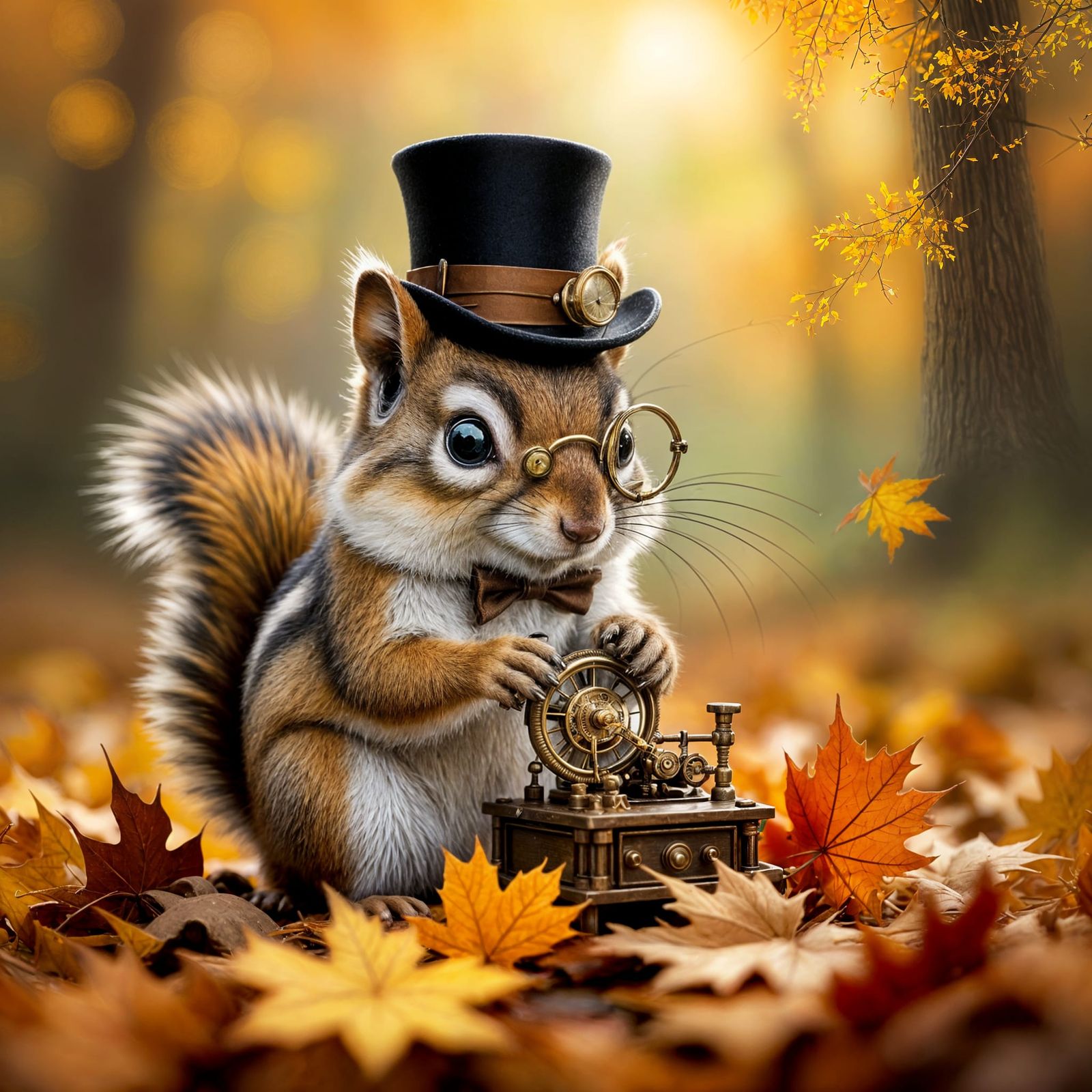 Steampunk Chipmunk Tinkering with Clockwork in Autumn Forest