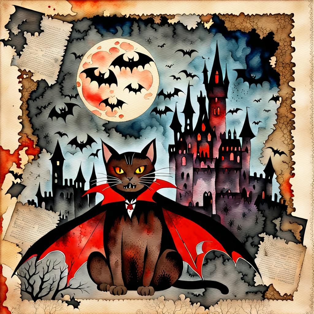 Chocolate Vampire Cat in Watercolor Style
