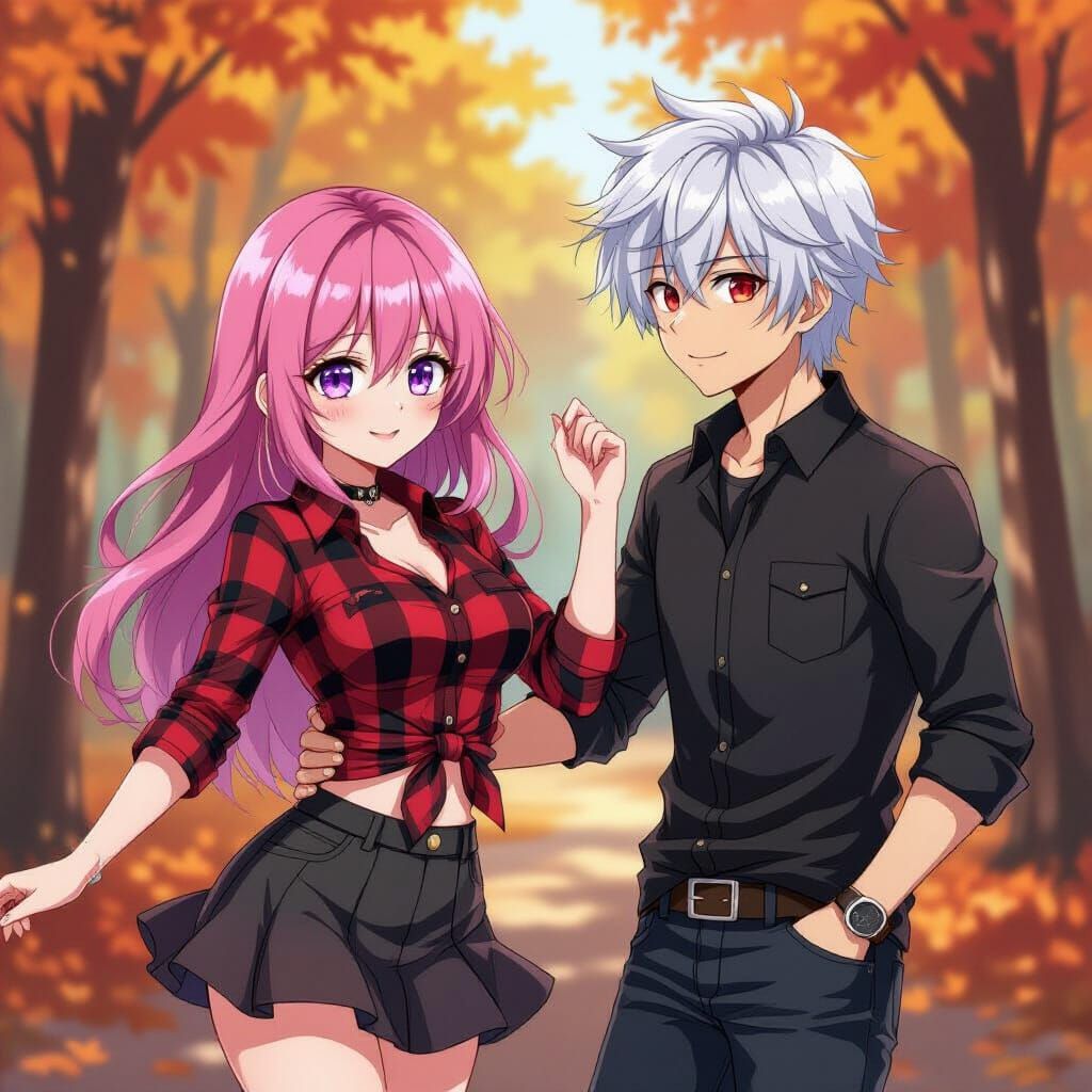 Anime Couple Dancing in Fall Forest in Alcohol Ink Style