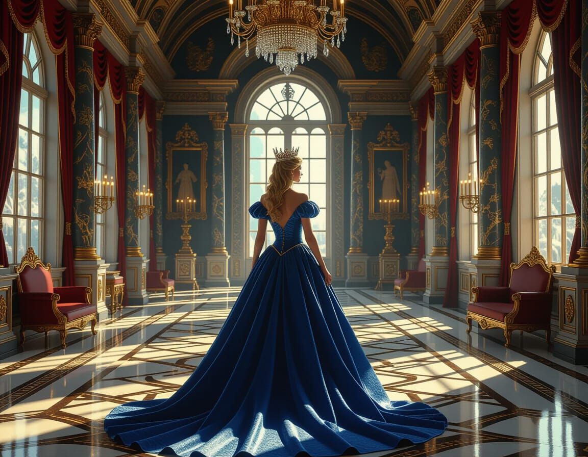 Queen Aurora in Regal Gown, Photorealistic Castle Portrait