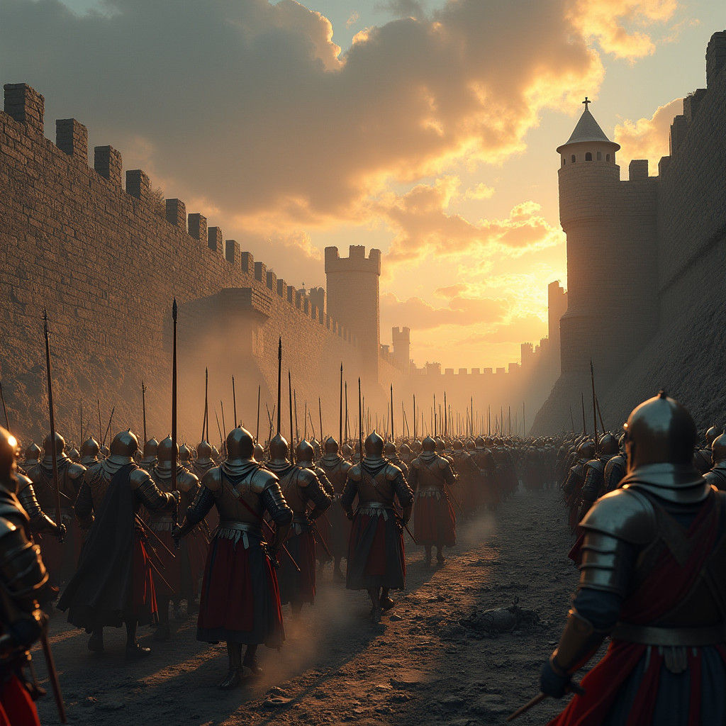 English Knights Breach Fortress at Sunset: Matte Painting