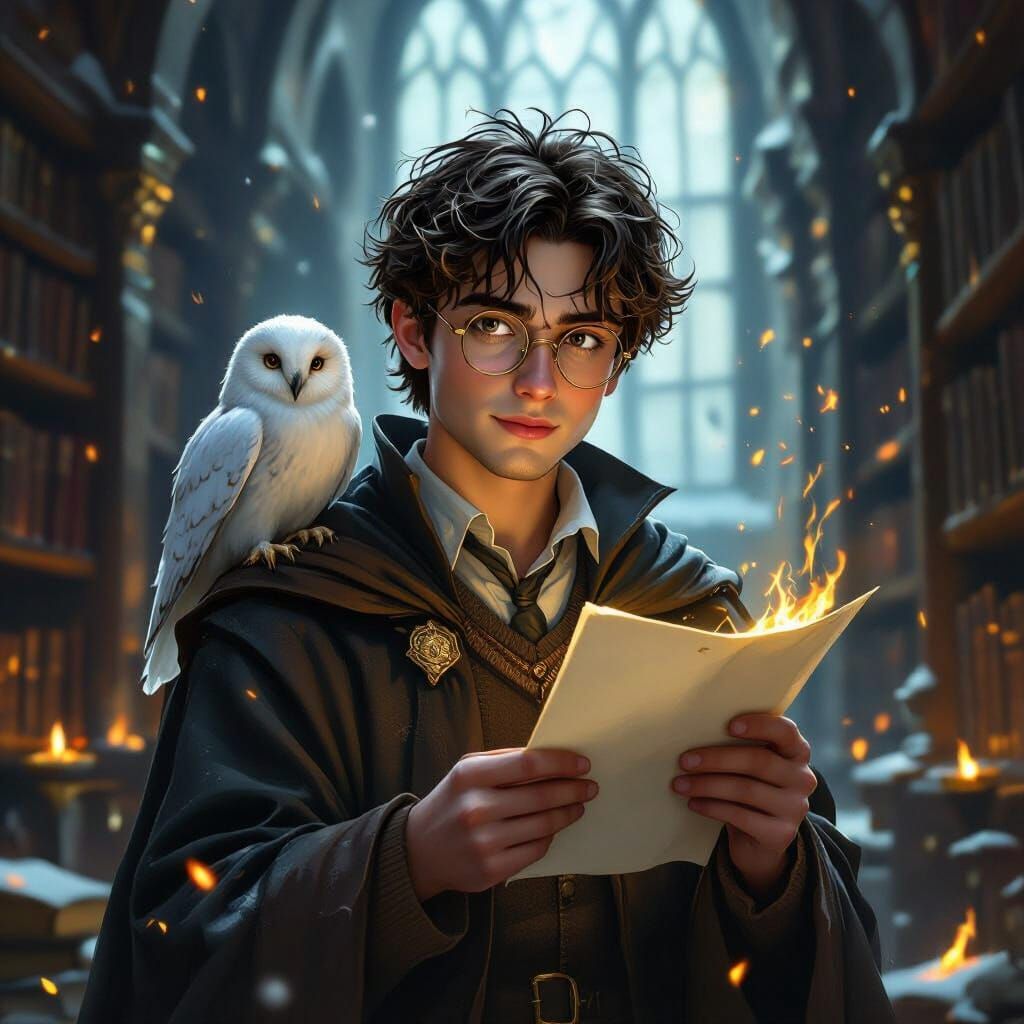 Wizard with Owl in Ancient Library