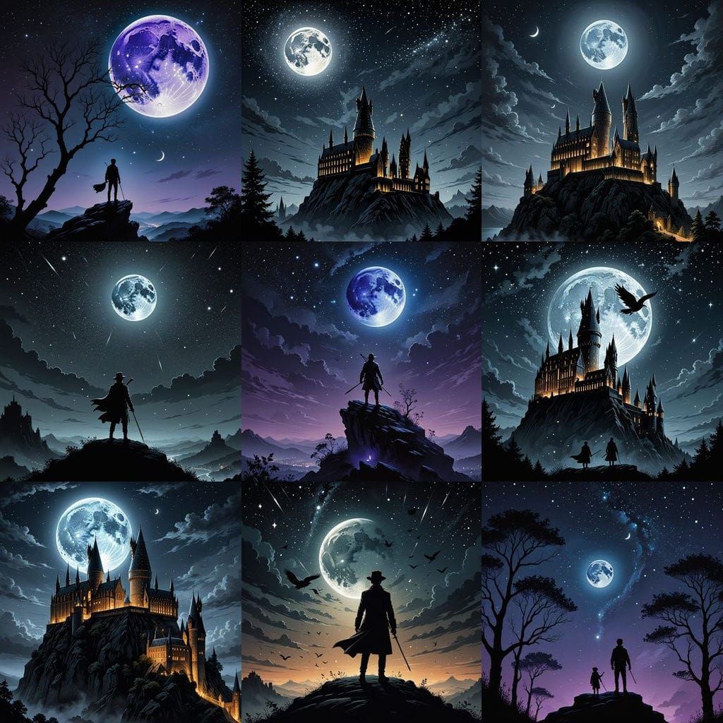 Magical Boy Soars Through Night Sky on Broomstick Under Full...