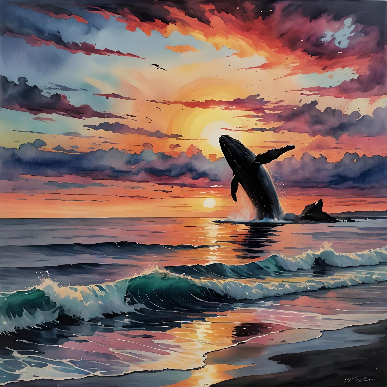 Whale Breaching at Sunset: Gouache Impressionist Painting