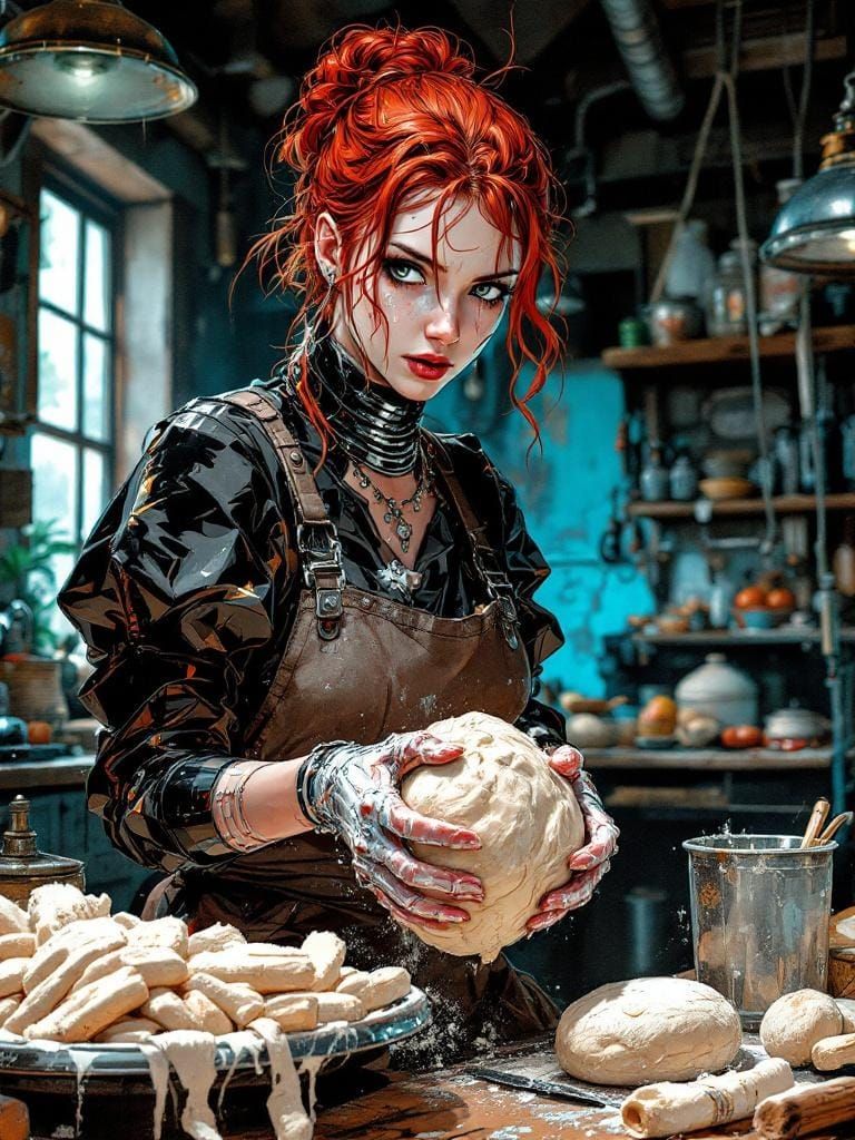 Redhead Baker in Cyberpunk Graphic Novel Style