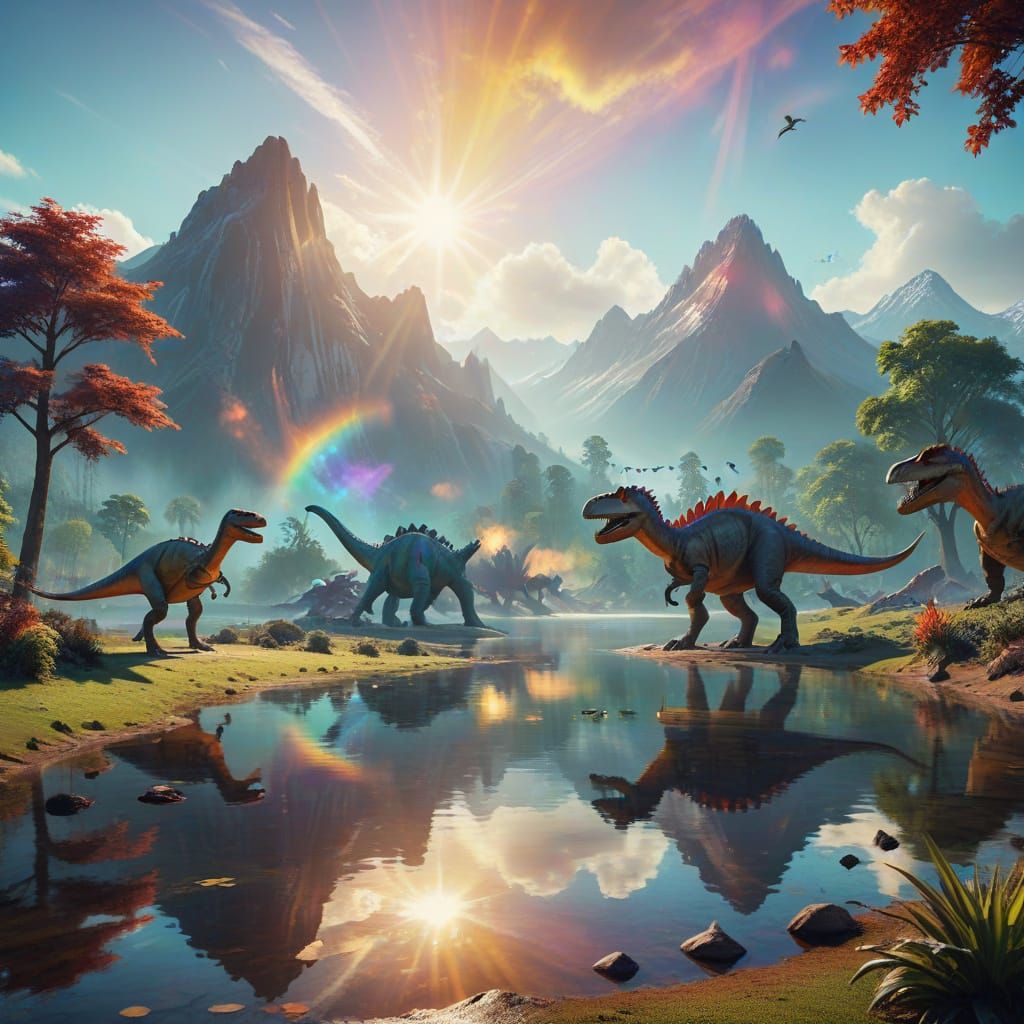 Surreal Prehistoric Park Scene Under Warm Sunlight