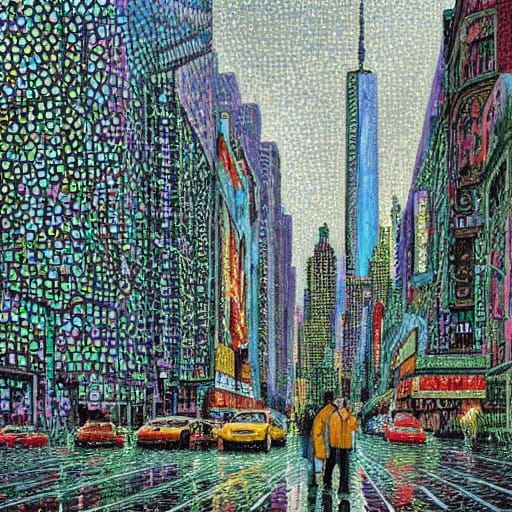 NYC Urban Scene in Pointillist Style