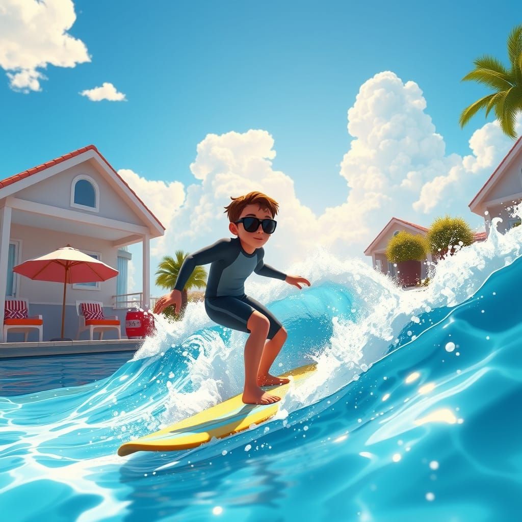 Surfer Rides Wave in Turbulent Pool during Earthquake