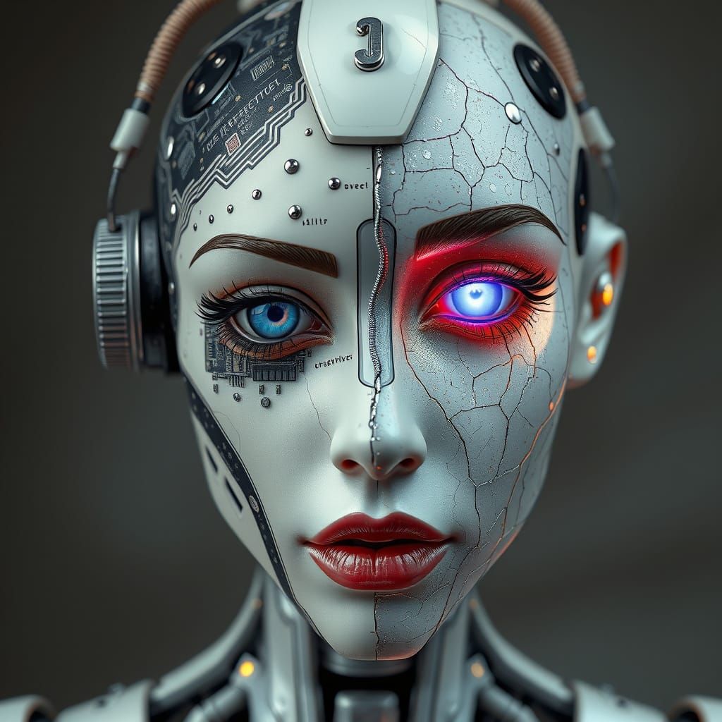 Robot Woman with Circuit Board and Porcelain Skin