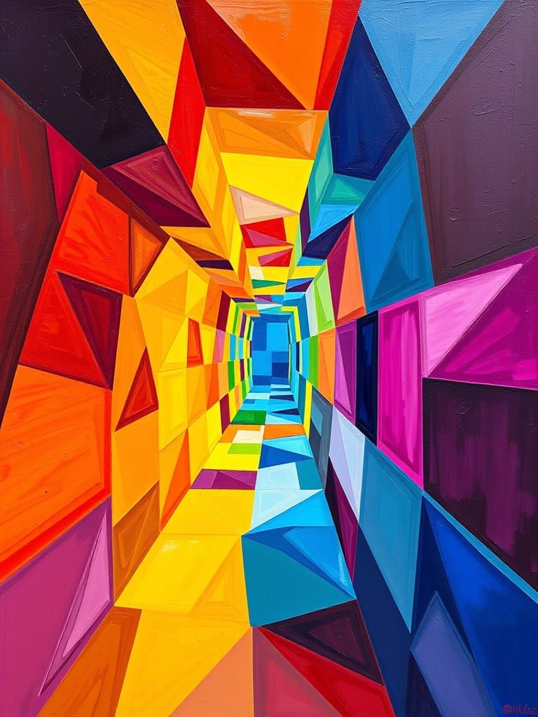 Vibrant Cubist Painting with Metallic Shimmer and Geometric ...