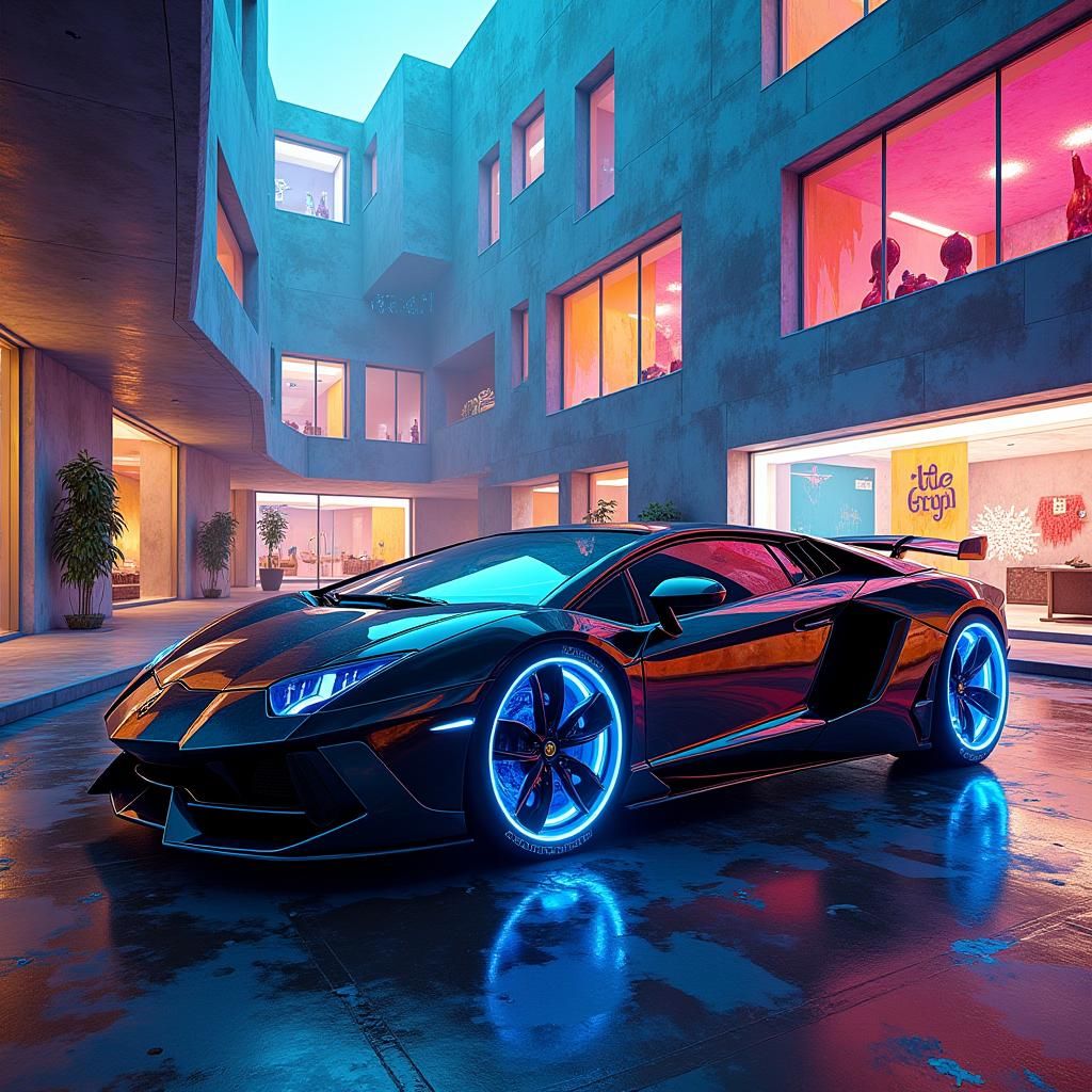 Futuristic House with Lamborghini in Graffiti Art Style